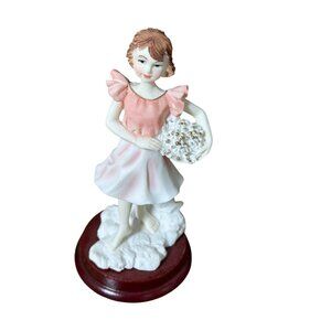 Porcelain Girl Figurine With Basket & Pink Dress On Wooden Base Home Decor